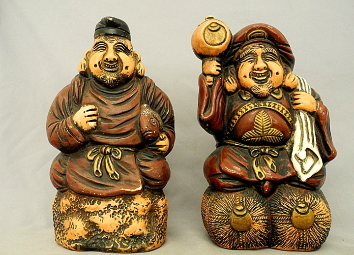 陶古園 恵比寿 大黒様 　陶器 26cm　made in Japan　中古品 　竿なし