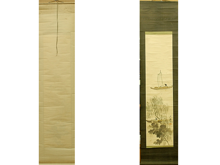 野本文雄 日本画 掛け軸　紙に彩色　掛軸　舟　Japanese hanging scroll　信州の物故日本画家　中古　インテリア