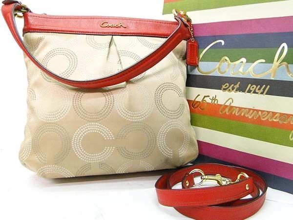 ●本物 COACH POPPY コーチ アシュレー ドッテド オプアート ヒッピー ショルダーバッグ 2WAYバッグ F20088 カーキ×レッド