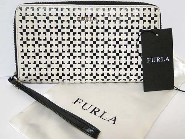 ●本物 FURLA フルラ レザー ラウンドファスナー長財布 白×黒 ホワイト×ブラック