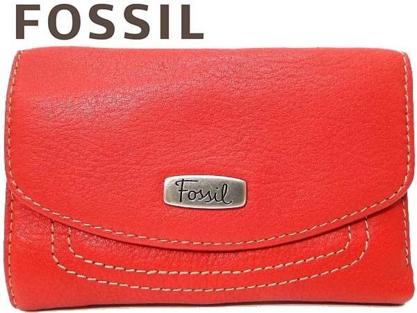 ●本物 超美品 FOSSIL フォッシル レザー 三つ折り財布 レッド 赤