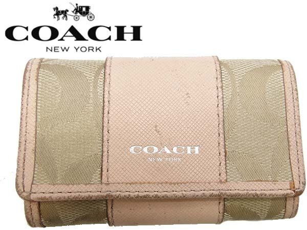 ●本物 COACH コーチ シグネチャー柄 キャンバス×レザー 6連キーケース カーキ×ピンク 難あり