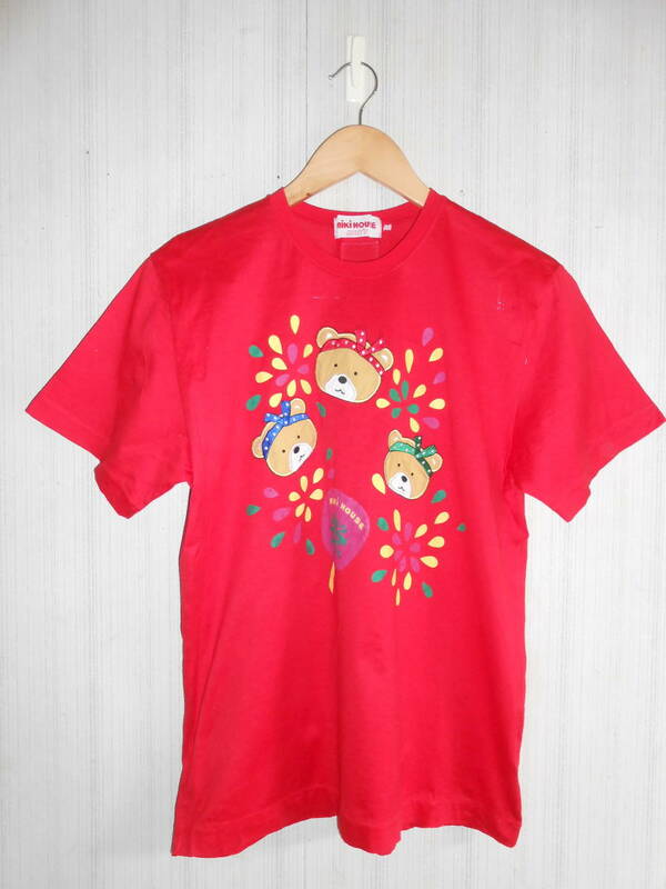 ミキハウスオールドレトロお祭り熊さんメンズ大人用半袖Tシャツ　赤　M