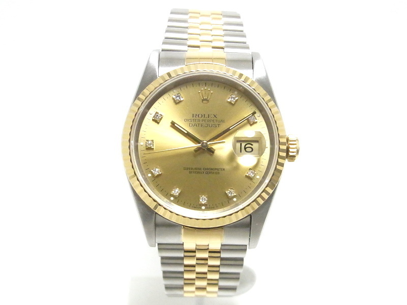 【OH済み】ロレックス 16233G デイトジャスト メンズ 10Pダイヤ X番シリアル シャンパン文字盤 腕時計 【中古】【程度A】【美品】