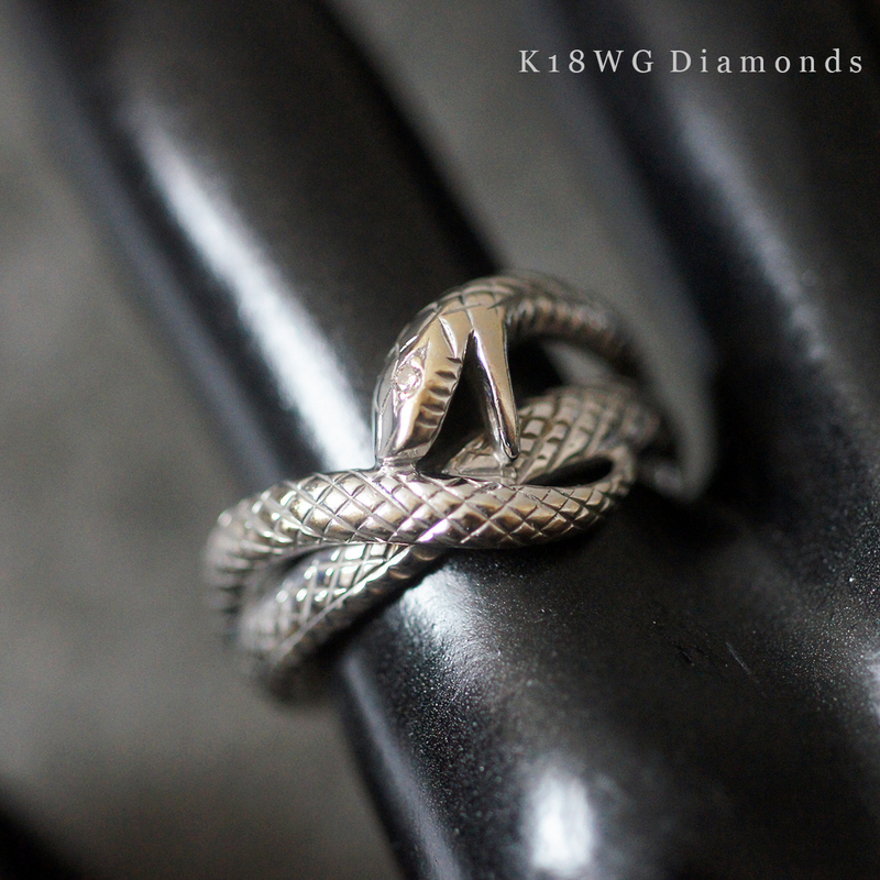 K18 WG 天然 ダイヤ モンド スネーク デザイン リング 5.2g 15号 メンズ レディース ジュエリー ホワイト ゴールド 金 蛇 ヘビ へび 開運