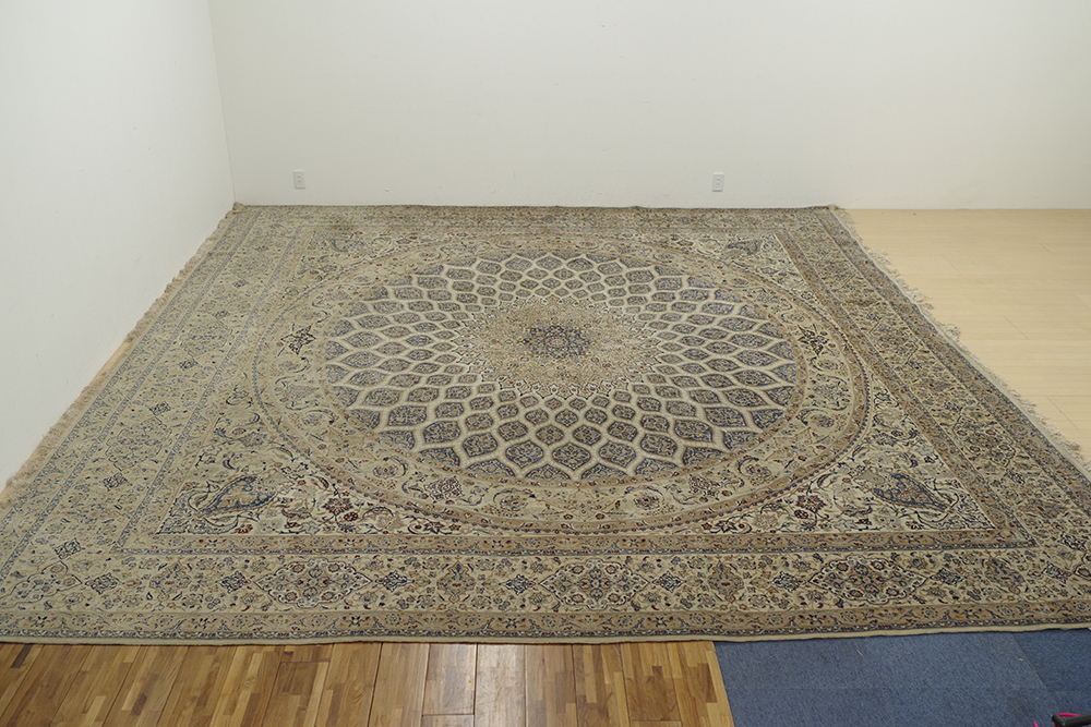 特大 大判 ペルシャ絨毯 ナイン産 418cm×435cm メダリオン ウール 手織り カーペット ラグ