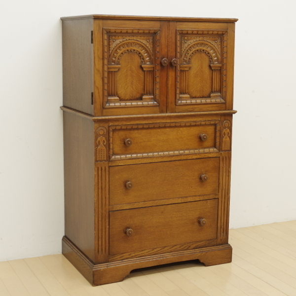 アンティーク キャビネット チェスト 3段 収納棚 レリーフ 彫刻 オーク材 楢材 小物収納