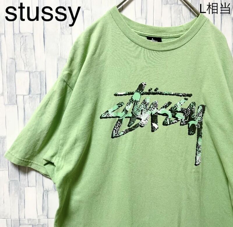 stussy ステューシー 半袖 Tシャツ ビッグロゴ デカロゴ サイズM グリーン メキシコ製 パステルカラー 送料無料