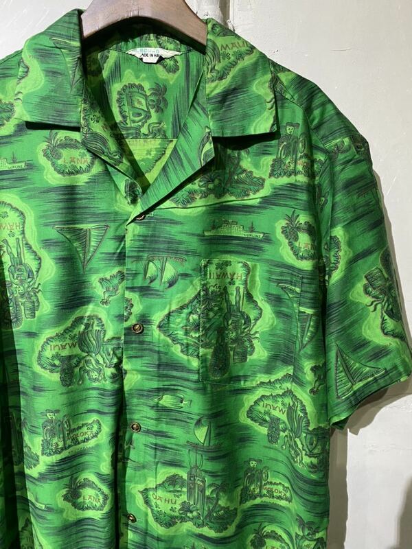 【即決】60s ハワイアン アロハ シャツ hawaiian shirt 半袖 開襟 緑 グリーン usa アメリカ ハワイ製 古着 ヴィンテージ ビンテージ