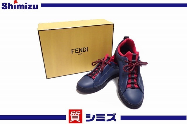 【FENDI】極美品 フェンディ モンスター スニーカー バグズアイ レザー　靴 サイズ：8　ネイビー/レッド 箱付