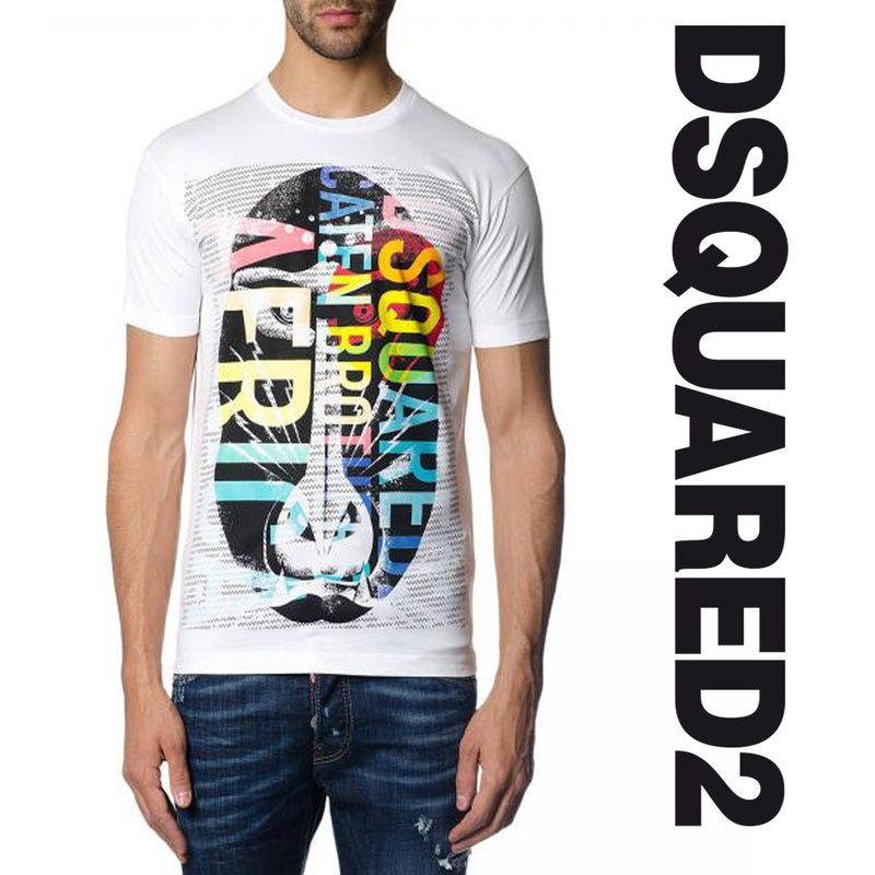 ◆送料無料!! 2.7万【DSQUARED2 ディースクエアード】豪華プリント！存在感◎半袖Tシャツ S ホワイト SLIM 新品 ポルトガル製 ds03