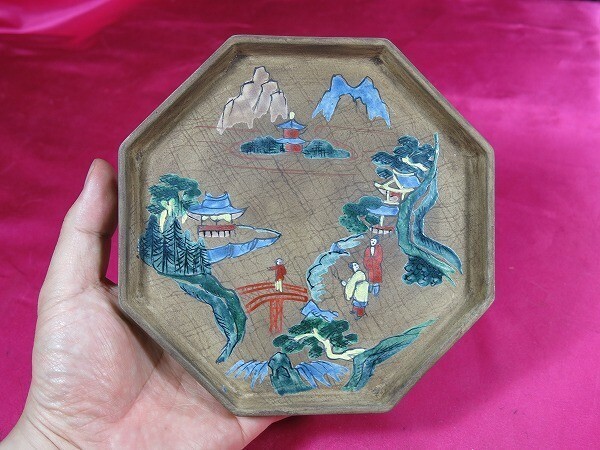 B　杭州湖畔の景色絵八角皿　清時代 中国　陶器　内藤善知　昭和１７年　菓子器