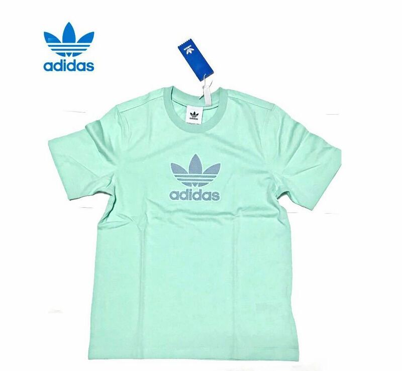 ■新品■ユニセックス、アディダス／adida ■半袖Tシャツ、XSサイズ、ミントグリーン、綿100%、前adidasマークラバープリント