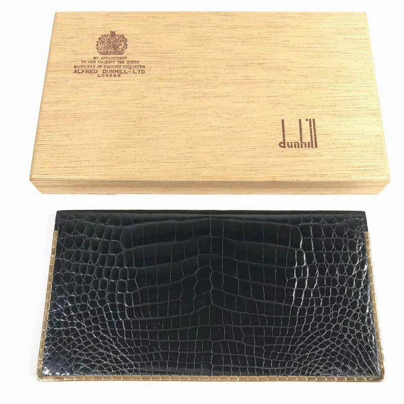 【ダンヒル】本物 dunhill クロコダイル 長財布 K9 ゴールド装飾 金 9CT刻印 札入れ 黒色系 ワニ革×レザー 男性用 メンズ 箱有