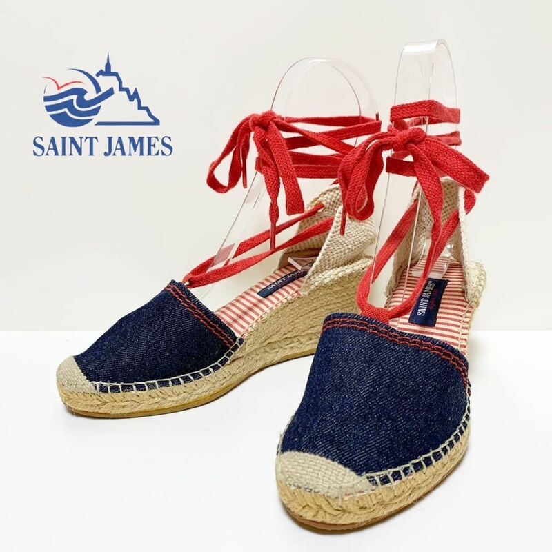 ☆セントジェームス SAINT JAMES 編み上げ ウェッジソール デニム サンダル 36 スペイン製 エスパドリーユ 厚底 レースアップシューズ