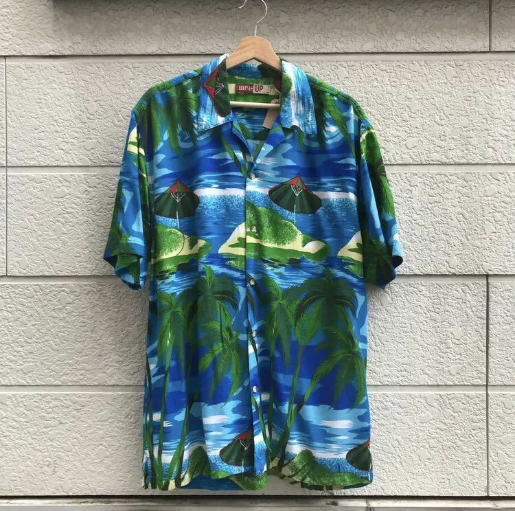 USED US古着 総柄 アロハシャツ ハワイアンシャツ レーヨン100% 半袖シャツ THUMS UP ビーチ アメリカ古着 RAYON Mサイズ