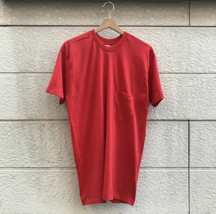 80s USA製 dead stock 無地Tシャツ 赤 レッド ポケットTシャツ ポケt NOS シングルステッチ アメリカ製 古着 ヴィンテージ vintage 5050 XL