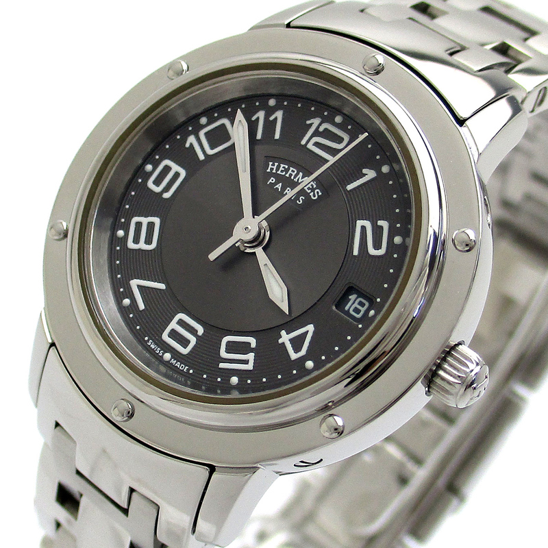 エルメス 時計 クリッパー クラシック レディース プッシュボタンバックル ガンブラック文字盤 CP1.210 腕時計 HERMES 磨き仕上げ済