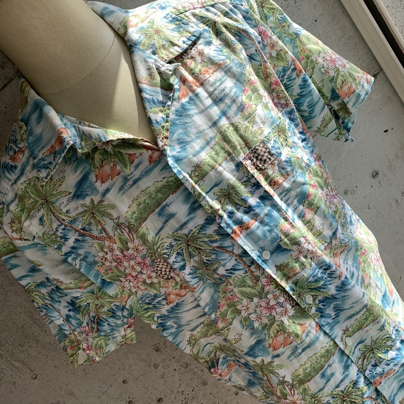 U.S Used Vintage Clothing Aloha Shirt Johnny Cotton アメリカ古着 ビンテージ アロハシャツ ジョニー コットン L 青系 風景 ココナッツ