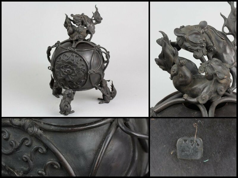 大香炉　銅製　在銘　手毬双獅子　獅子三足　古銅　３０ｃｍ　茶道具　中国古玩