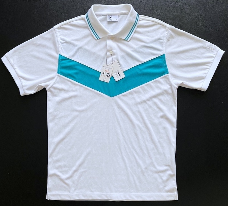 新品 PGA ツアー PGA TOUR ゴルフウェア 吸汗速乾 Vライン プルオーバー 半袖ポロシャツ M ホワイト ターコイズ 難あり