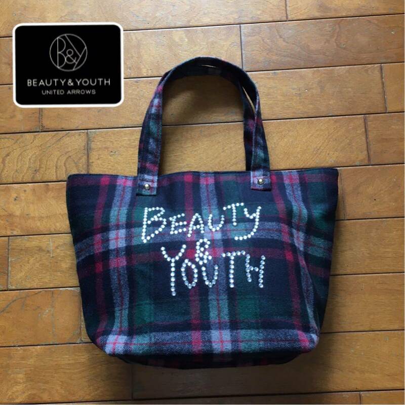 ★【 BEAUTY&YOUTH 】★ ラインストーンロゴ ウールチェック トートバッグ★