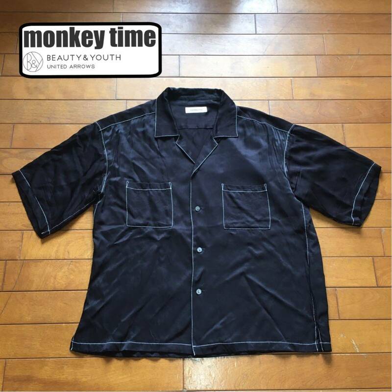 ★【 monkey time 】★ ユナイテッドアローズ レーヨン100 オープンカラー ブラックシャツ★サイズ1★ i-526