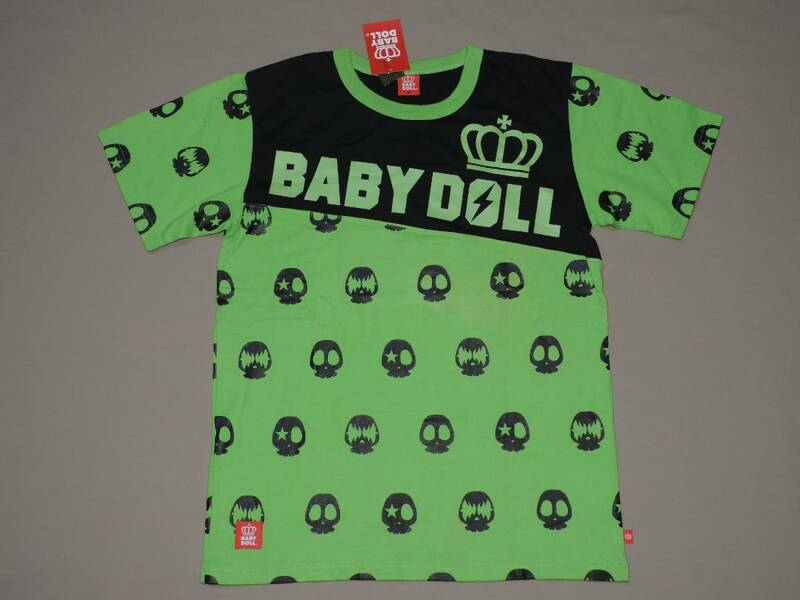 ☆新品☆メンズ☆BABY DOLLのロゴとドクロプリント黄緑半袖Tシャツ☆Mサイズ☆ベビードール☆