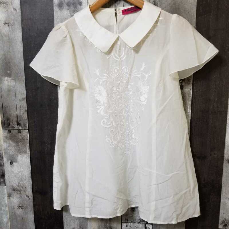 DOLLY GIRL　ANNA SUI　ドーリーガール　ブラウス　シャツ　サイズ1　シルク混　刺繍　アイボリー系　レディース　