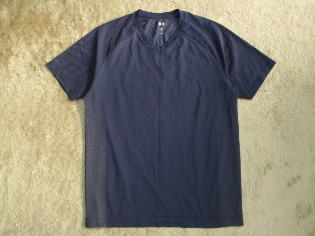 メンズ　ユニクロ　190238　メッシュ素材　Vネック　半袖Tシャツ　紺　L