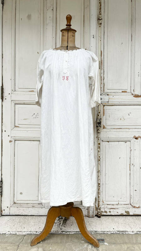 フランスアンティークリネンシャンブルショートスリーヴスモックワンピース1 /ヴィンテージヨーロッパ蚤の市パリ古着シャツパジャマ寝衣