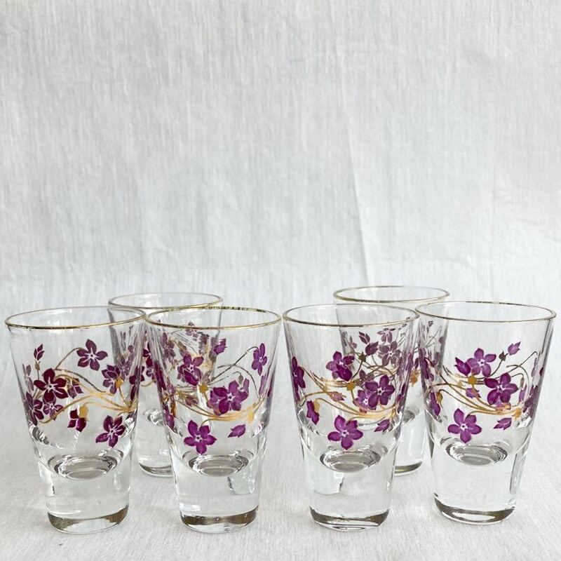 ショットグラス 6個 花柄 レトロ アンティーク ビンテージ レトロ雑貨 ガラス グラス レトロガラス 昭和レトロ 骨董 和雑貨 和柄