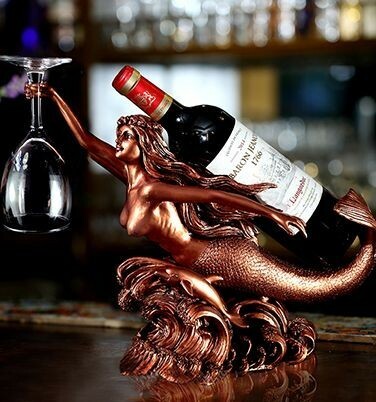 ワインボトルホルダー グラスを持つ人魚姫 アンティーク風 (ブロンズ)