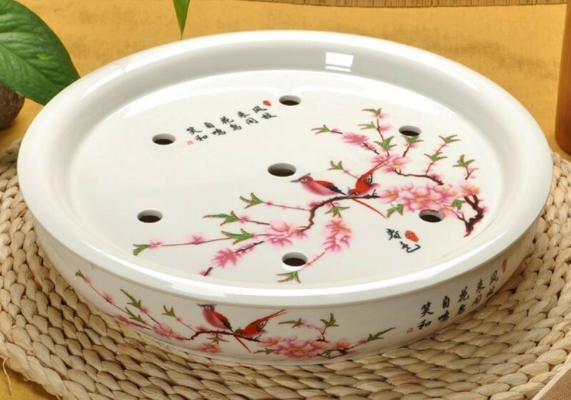 茶盤 中国茶道具 花と鳥 丸型 陶器製