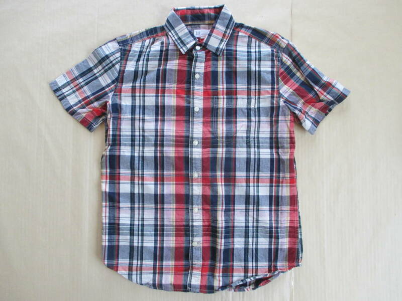 GAP 半袖 チェックシャツ 紺 赤 身幅52cm ギャップ タータンチェック シャツ