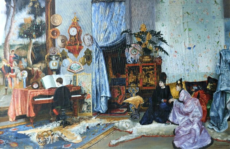 Donaciano 「ピアノを弾く少年と2人の婦人」 油彩画 額装品 大型 / Oil painting 西洋 貴族 ピアノ