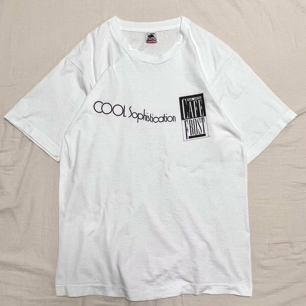 5千スタ【90s USA製 COOL Sophistication CAFE FROST プリント Tシャツ L】ビンテージ 古着 FRUIT OF THE LOOM シングルステッチ 企業