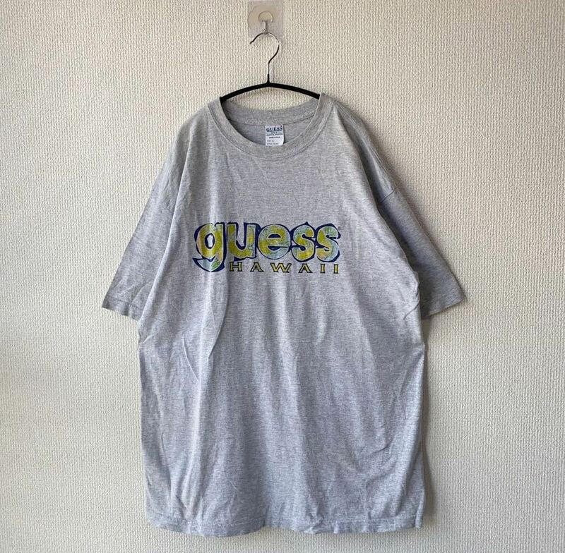 90s USA製 GUESS ロゴ プリント Tシャツ XL ゲス 半袖 グレー 古着