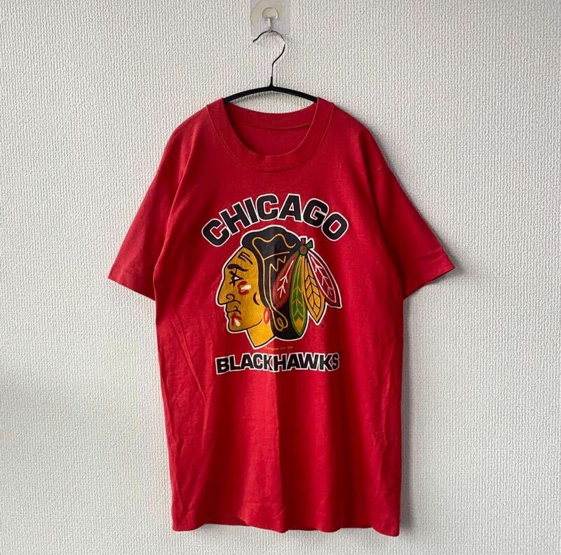 80s CHICAGO BLACK HAWKS プリント Tシャツ ブラックホークス NHL スウィングスター 古着 ビンテージ