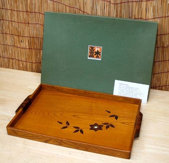 未使用品◎WOOD CRAFT 貝入鉄仙長手盆 小 TK-51 46×31.5 秋田県伝統工芸品 桜皮細工　お盆 角盆 和風　札幌市 豊平区