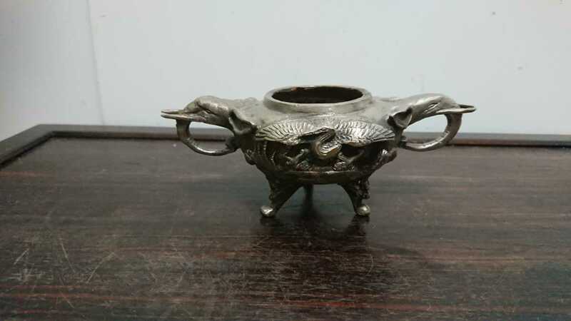 香炉 香道具 煎茶道具 鶴亀 松 象 龍 彫刻 三足 アンティーク 真鍮工芸