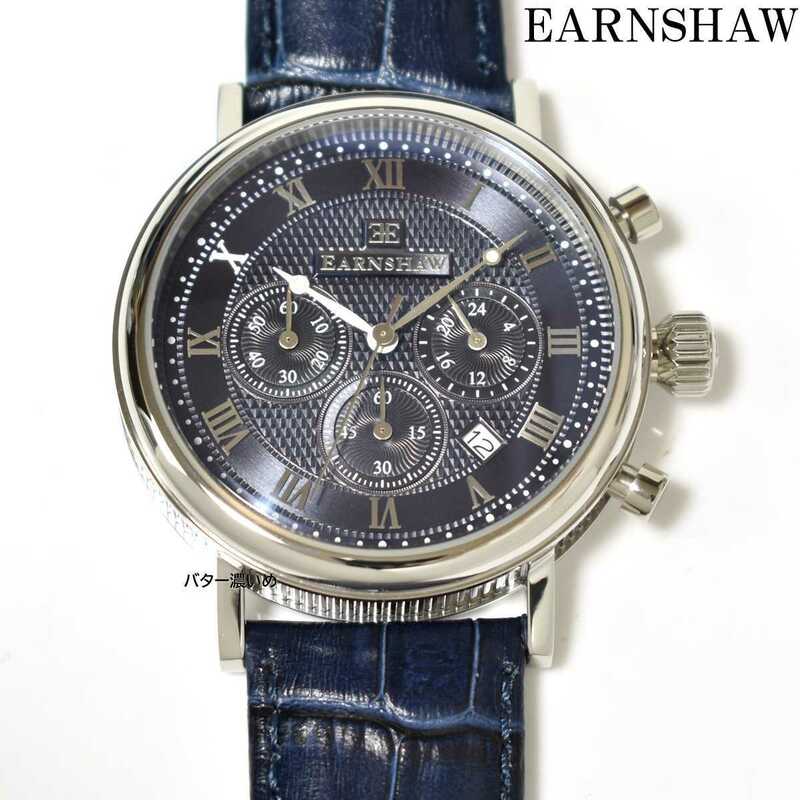 新品 EARNSHAW アーンショウ 腕時計 メンズ クロノグラフ クオーツ 革ベルト レザーベルト ネイビー ES-8051-NV 未使用