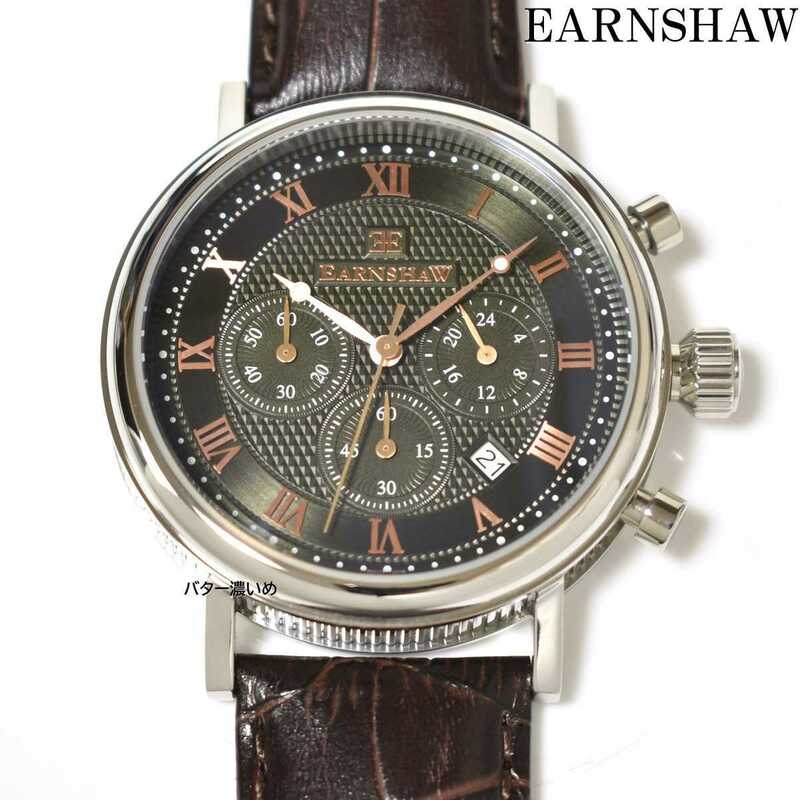 新品 EARNSHAW 腕時計 クロノグラフ メンズ クロノグラフ クオーツ 革ベルト レザー グレー×ローズゴールド ES-8051-BR 未使用