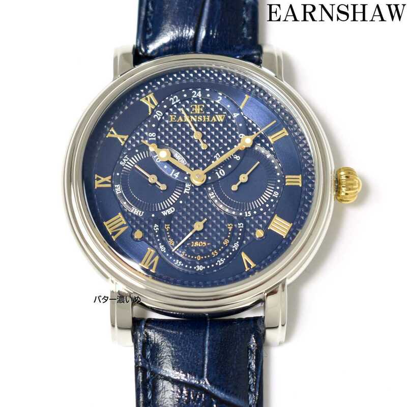 新品 EARNSHAW 腕時計 メンズ 多針 ネイビー革ベルト ES-8048 クオーツ 革ベルト レザーベルト ネイビー×ゴールド 未使用