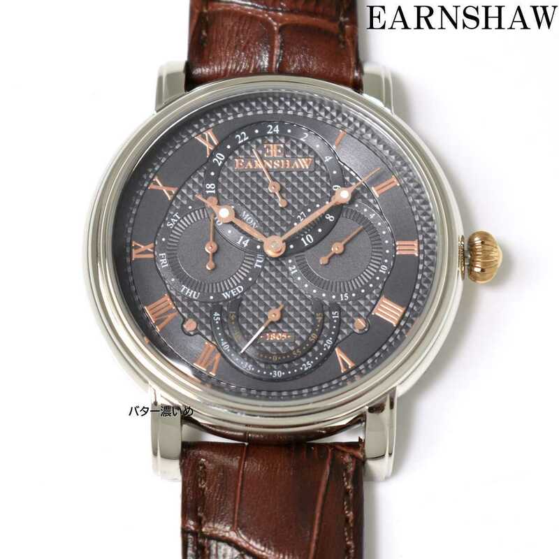 新品 EARNSHAW 腕時計 メンズ 多針アナログ クオーツ ブラウン革ベルト レザー グレー×ローズゴールド ES-8048 未使用