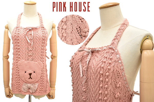 Y-3905★超美品★PINK HOUSE ピンクハウス★貴重 テディベア クマさん ピンク コットン 豪華 カギ 手編み ニット 腹掛け エプロン フリー