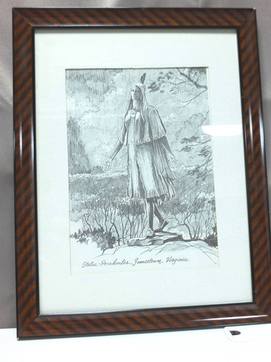 デッサン風イラスト　ポカホンタスの銅像　The Pocahontas statue 額装　35×46ｃｍ　モノクロ　アート　インテリア　作品詳細不明