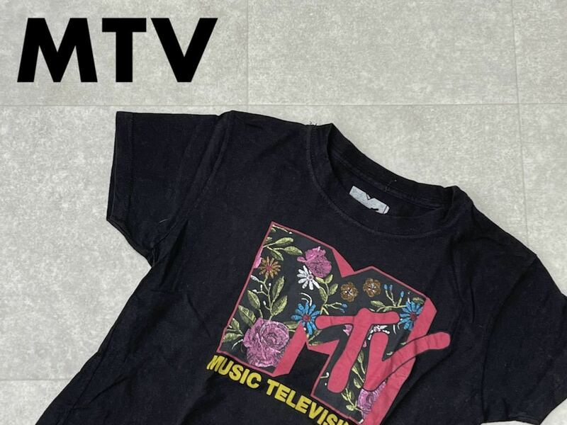 ☆送料無料☆ MTV USA直輸入 古着 半袖 ロゴ Tシャツ レディース M ブラック トップス 中古 即決