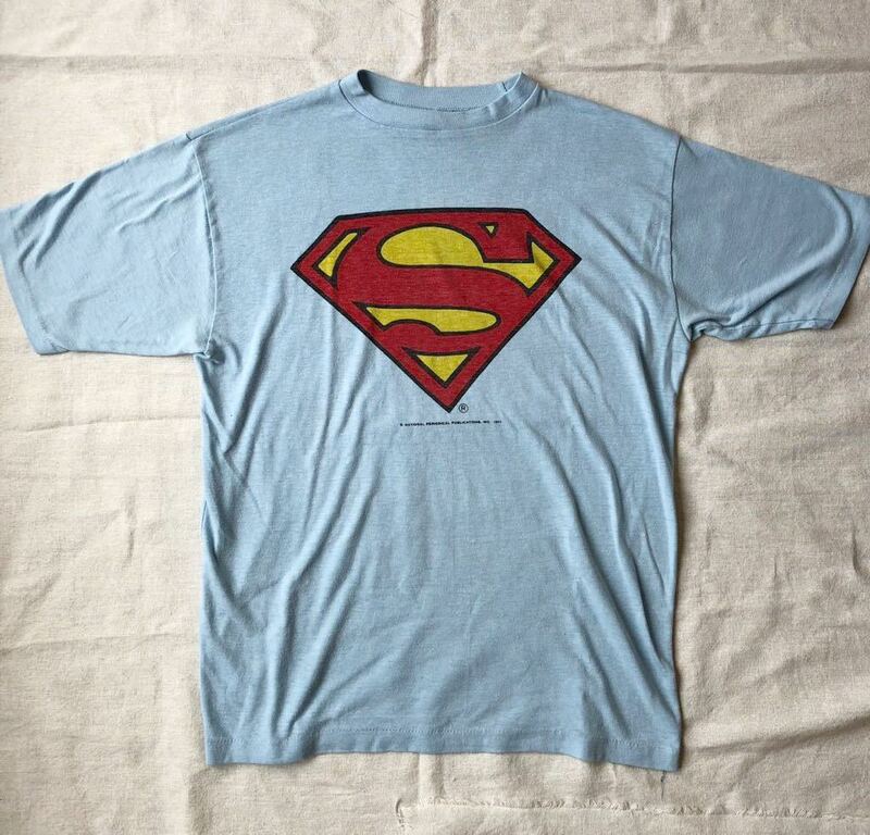 70's Superman 染み込み　tシャツ　sears? アメリカ製　ビンテージ　コピーライト入り　ムービー バンド　企業　シングルステッチ リンガー