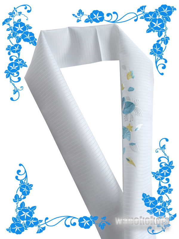 【和の志】夏の洗える着物に◇日本製夏物刺繍半衿◇白系・貝殻柄（ブルー系）◇PRSH_188
